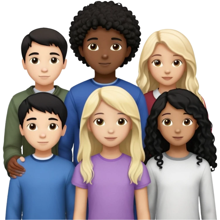 Group of diverse friends standing together, including a dark-skinned boy with straight hair, a light-skinned boy with straight blonde hair, a light-skinned girl with straight black hair, a mixed-race girl with straight brown hair, a light-skinned boy with wavy black hair, a mixed-race girl with dark curly hair, and in the center a light-skinned girl with wavy brown hair emoji