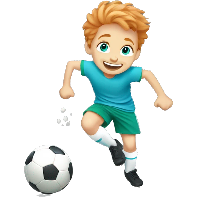 Little boy with blue/turquoise eyes and strawberryblonde hair playing soccer, kicking a ball with a joyful expression, showing movement and excitement. emoji