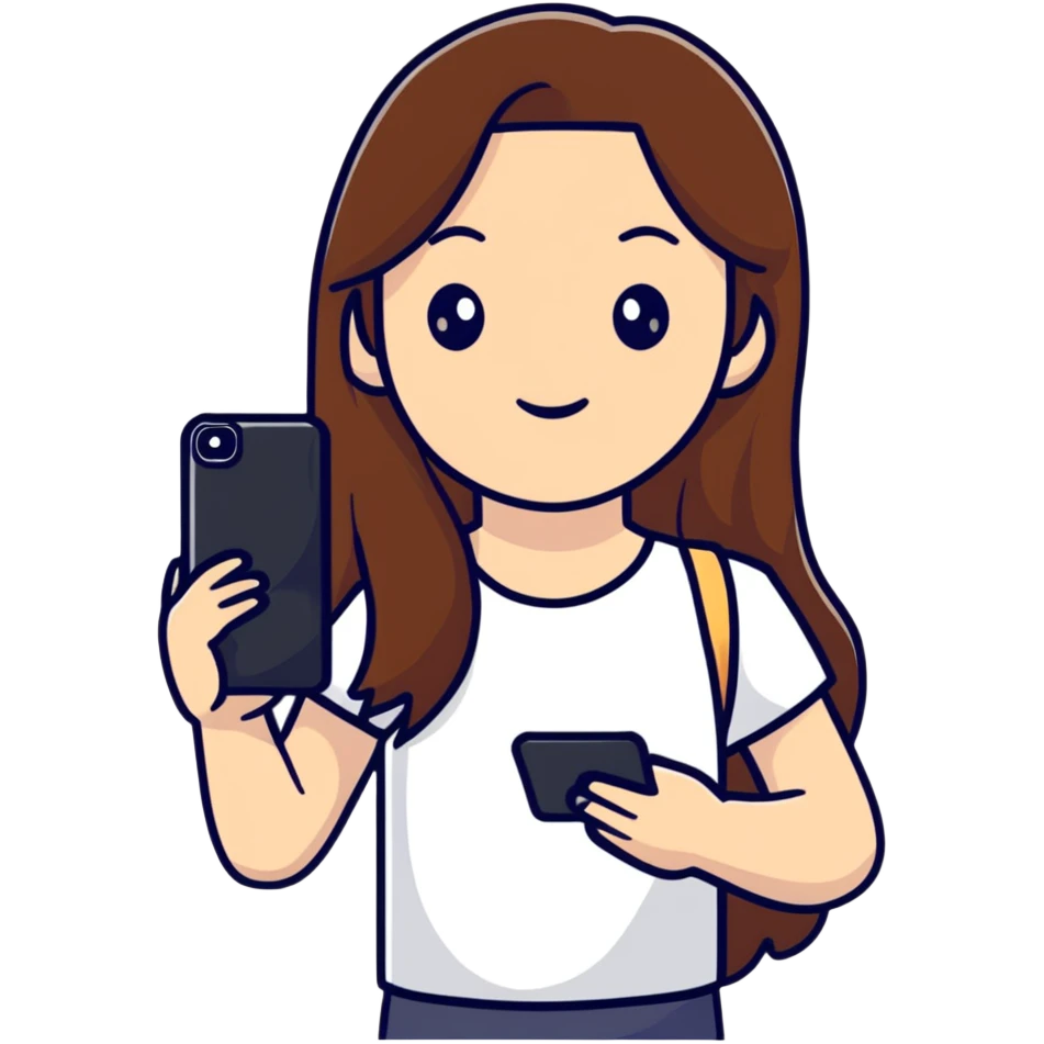 girl with long brown hair wearing a white top holding a smartphone emoji