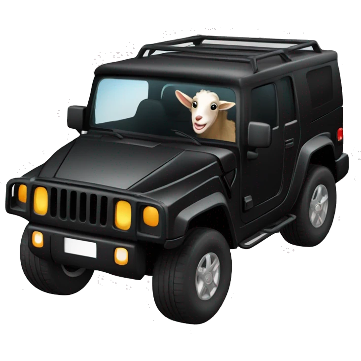 Goat in black puffy coat driving a black Hummer emoji