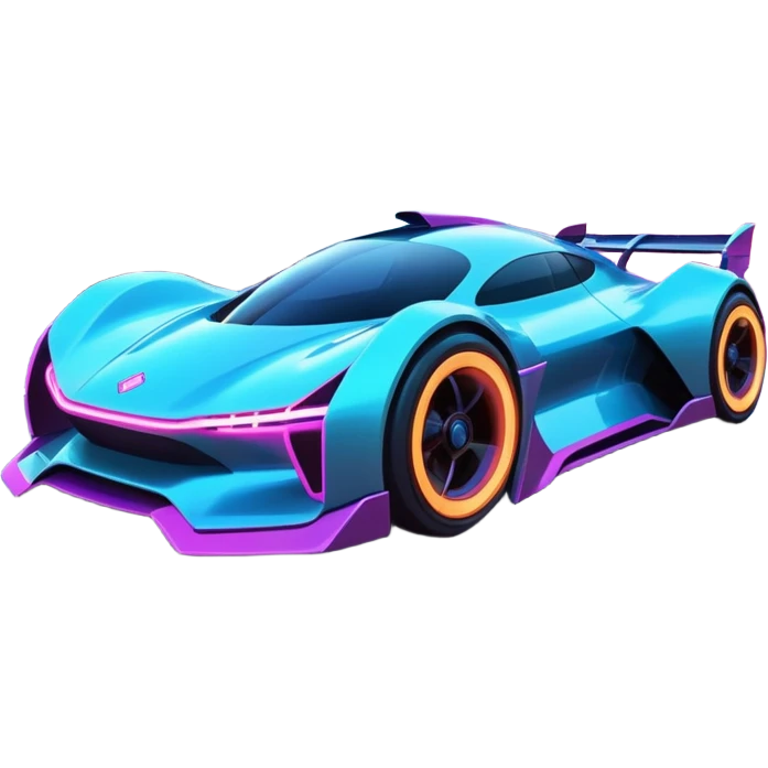 A futuristic racing car with glowing neon lights, sleek aerodynamic design, and a cyberpunk cityscape in the background. The car is speeding through a neon-lit street with high-tech buildings and holograms." emoji