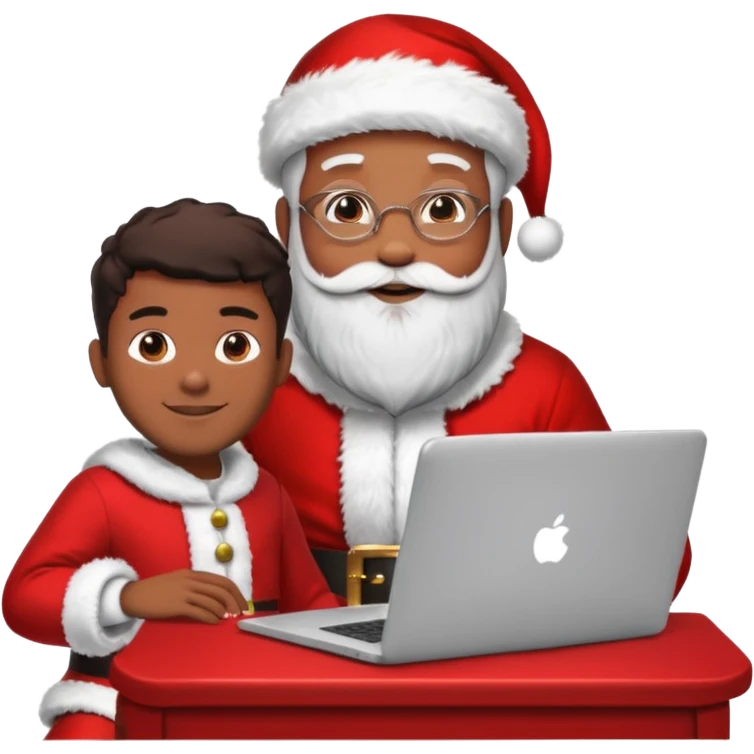 Jeune développeur homme de teint noir, assis devant un ordinateur portable affichant du code, dans une ambiance de week-end festive. À côté de lui se tient le Père Noël, souriant, portant sa tenue traditionnelle rouge et blanche.  emoji