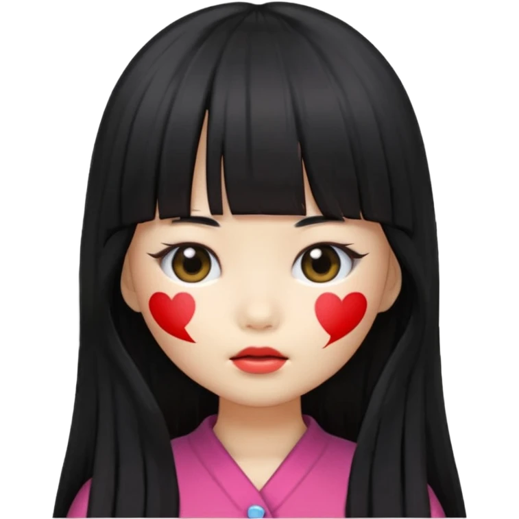 girl with long black hair, Korean style bangs covering her face, doll emoji style emoji