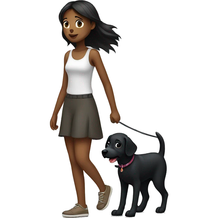 Girl walk with a black dog with white Chest emoji