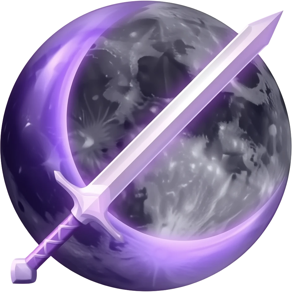 Glowing dark purple detailed crescent moon with an elegant detailed glowing transparent sword, emoji style. Soft violet and pink glow, minimal clean design, smooth edges, subtle lighting, centered, high contrast, transparent background. emoji