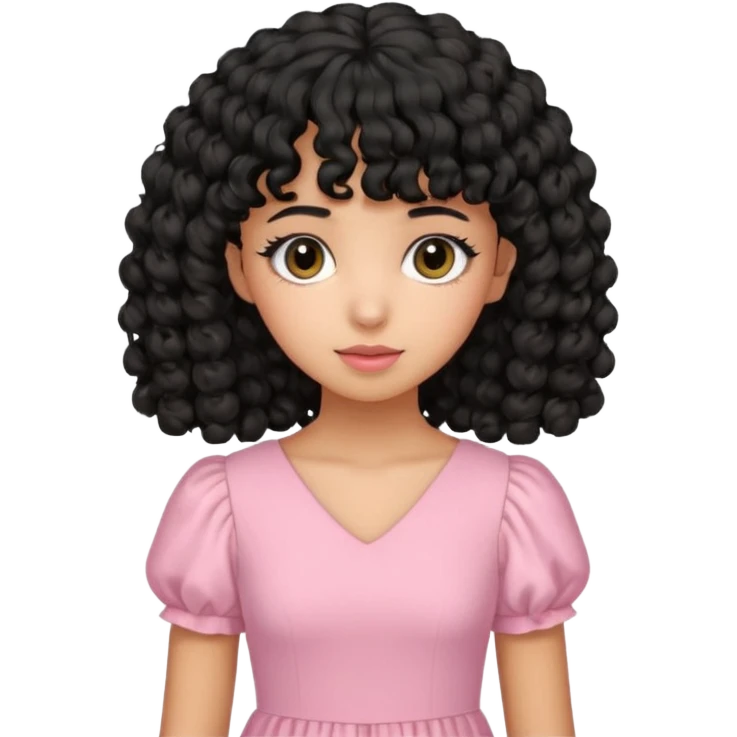uma menina de pele oliva e cabelos pretos encaracolados e com franja encaracolada e um vestido rosa pastel emoji