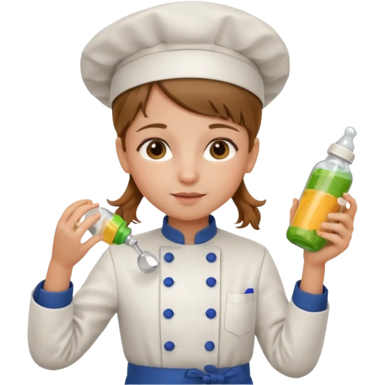 girl kid italian chef, uniform, holding feeding bottle emoji
