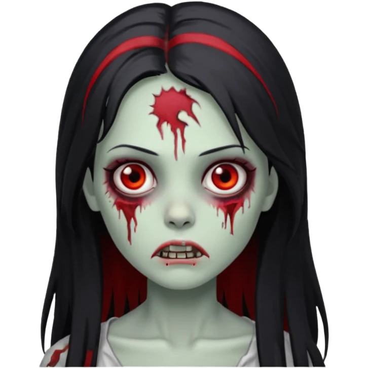 Garota zumbi cabelo longo preto, mevhas vermelhas nas laterais na frente da cabeça emoji