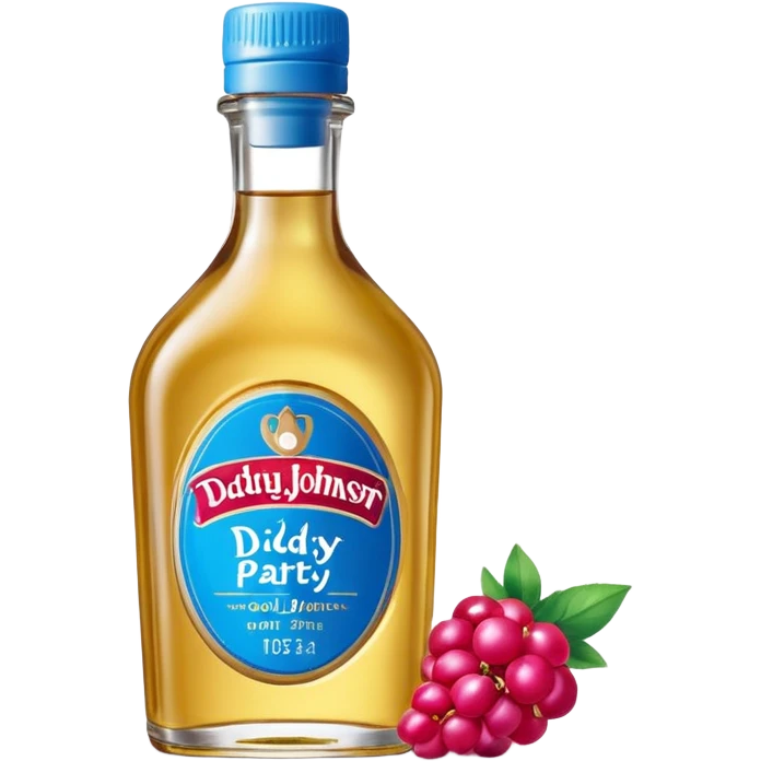 bottle of oil blue top pink outside with logo that says Diddy Party oil Johnson and Johnson  brand with a smiling berry on top emoji