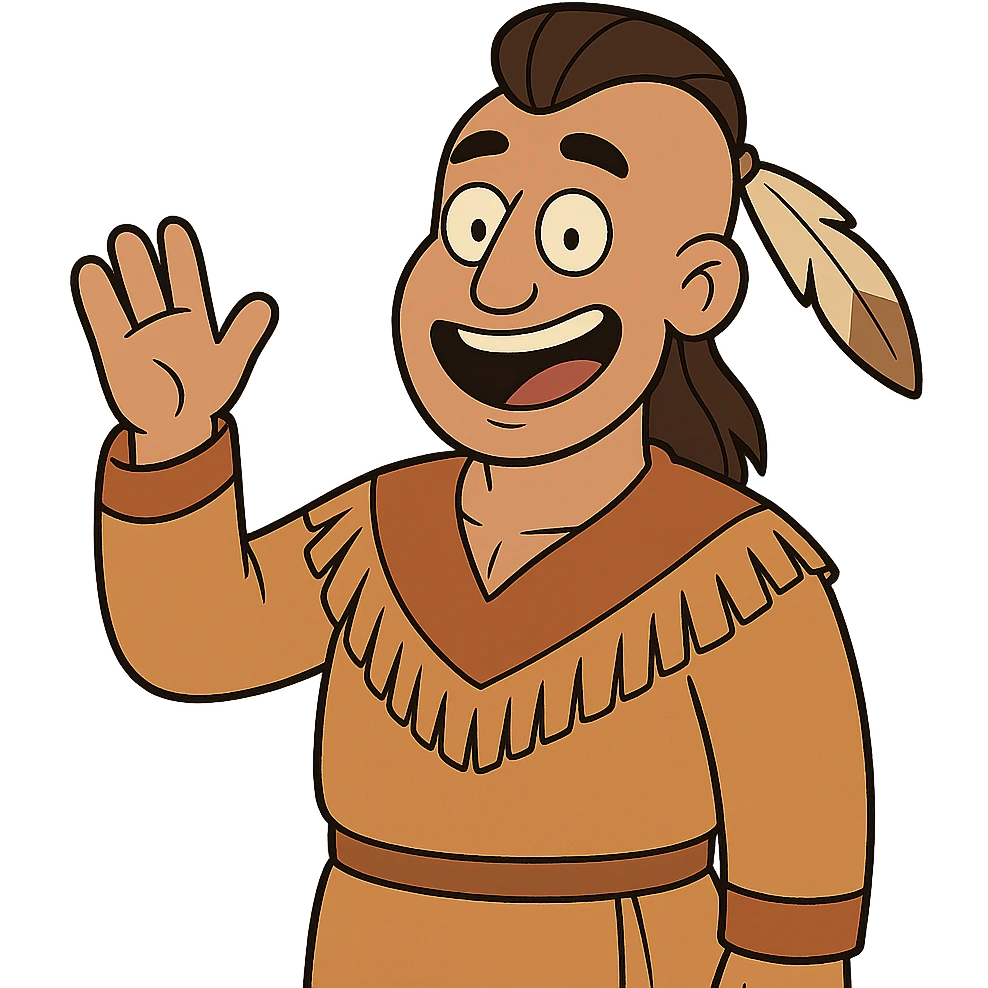 happy Huron character, smiling, friendly, cartoon style emoji
