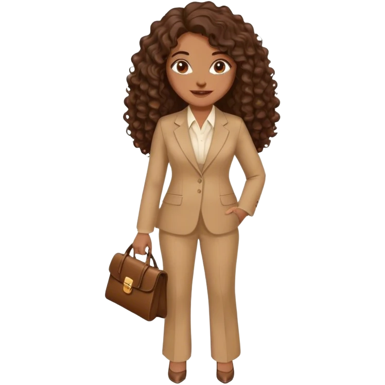 dark brown smiling woman with medium brown long curly hair with middle part and an executive tan pant suit  emoji