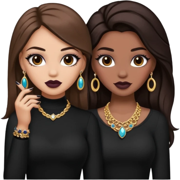 Boujy baddie best friends, trendy heavy makeup both dark hair one light skinned and one mocha brown pretty hair style both wearing black and jewelery  emoji