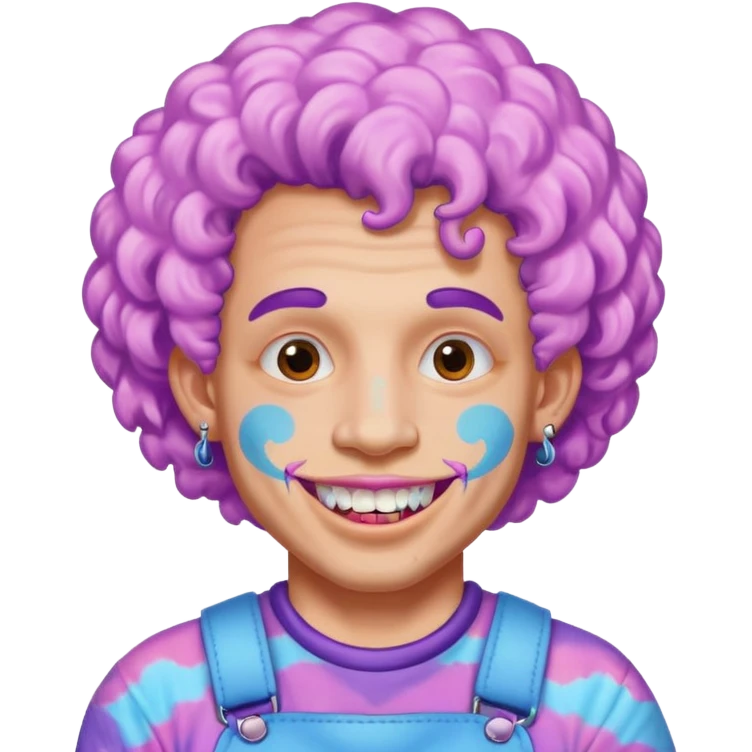 very cheerful colorful puffy violet curly haired man made out of cotton candy wearing teeth-braces and tattoos and face tattoos just face  emoji