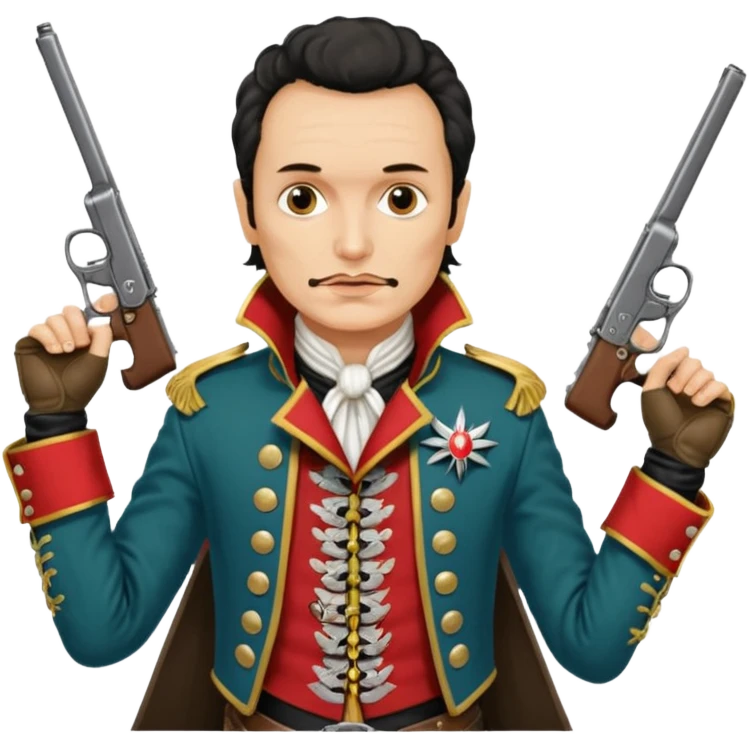 Adam Ant  is wearing a Hungarian jacket Hussar'S JACKET, holds two holsters in his hands emoji