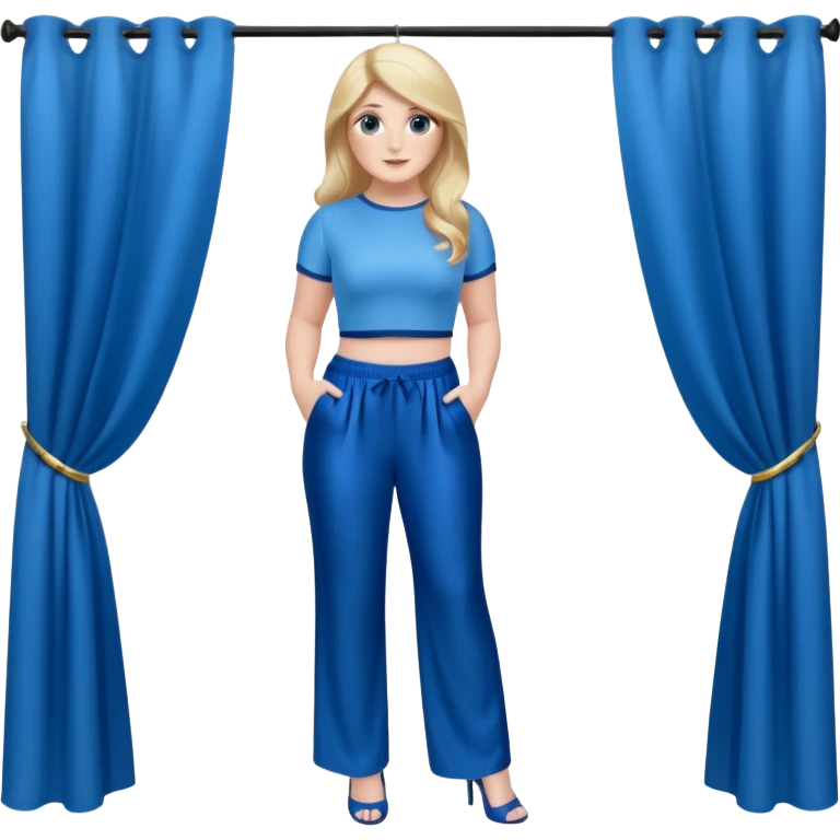 Meghan Trainor dressed in blue crop and blue silk pants standing in front of blue curtain  emoji