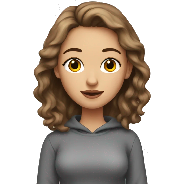 a white woman with eyelashes and long brown wavy hair. wearing a grey sweatshirt and black short skirt and holding books emoji