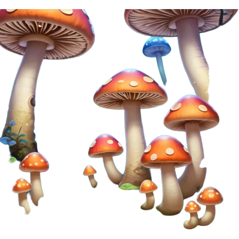  "A whimsical mushroom world filled with giant glowing mushrooms, soft bioluminescent spores floating through the air, and friendly oversized snails with colorful spiral shells exploring the landscape. Fantasy atmosphere, vibrant colors, dreamy lighting, highly detailed emoji