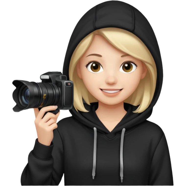 Young female, holding camera, black hoodie emoji