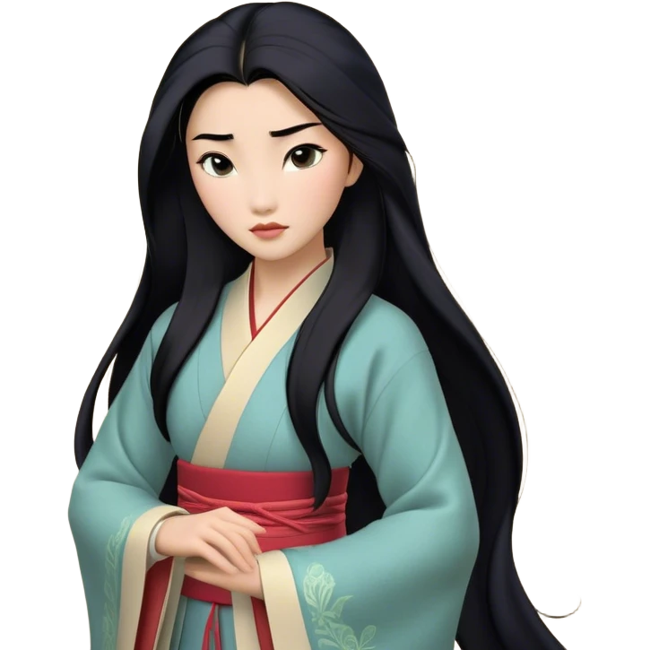 Cinematic Realistic Mulan Portrait, depicted with lifelike skin texture, soft natural lighting, and intricately detailed long black hair styled elegantly. Her deep, expressive eyes exude determination and grace, complemented by a serene yet confident expression. She is dressed in her classic attire, with rich fabric textures and delicate folds that catch the light beautifully. The portrait features a soft, enchanting glow with a natural, radiant finish, capturing the essence of timeless strength and beauty in a realistic and painterly style, evoking a sense of depth and authenticity. emoji