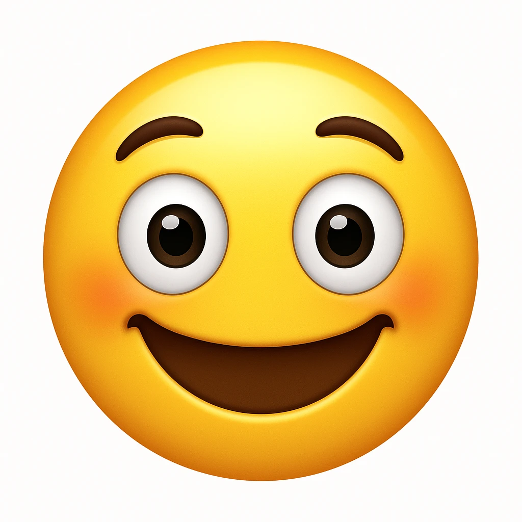 Create a yellow smiley face emoji with a similar facial expression to the reference image. It should have wide eyes, raised eyebrows, a big smile, and a shiny, smooth appearance. Add a slight blush to the cheeks. The style should resemble the iOS emoji style. emoji