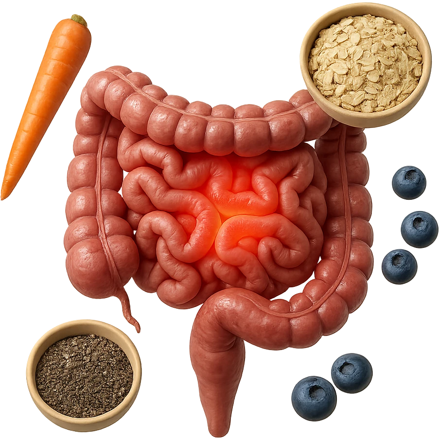 intestino umano anatomico infiammato al centro con carota, bowl di avena, mirtilli, bowl di semi di chia che gli fluttuano intorno , iperrealistico 4k emoji