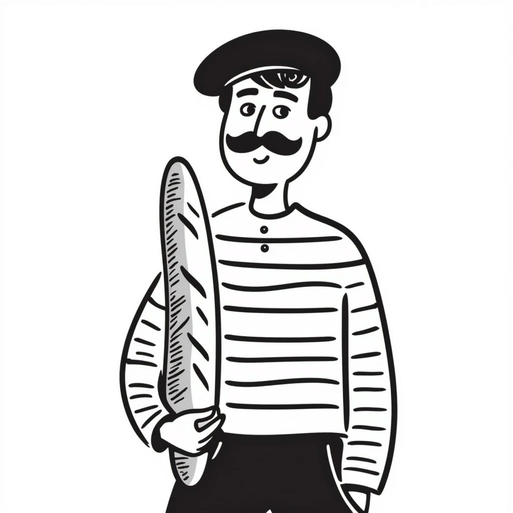 A Frenchman with a moustache and a beret, holding a baguette, wearing a black and white striped shirt, hand-drawn doodle style. emoji