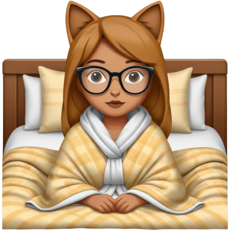 Wanita berkulit sawo mateng, pakai kacamata berbentuk mata kucing, menyelimuti diri dari kelapa sampe kaki sambil duduk di tempat tidur emoji