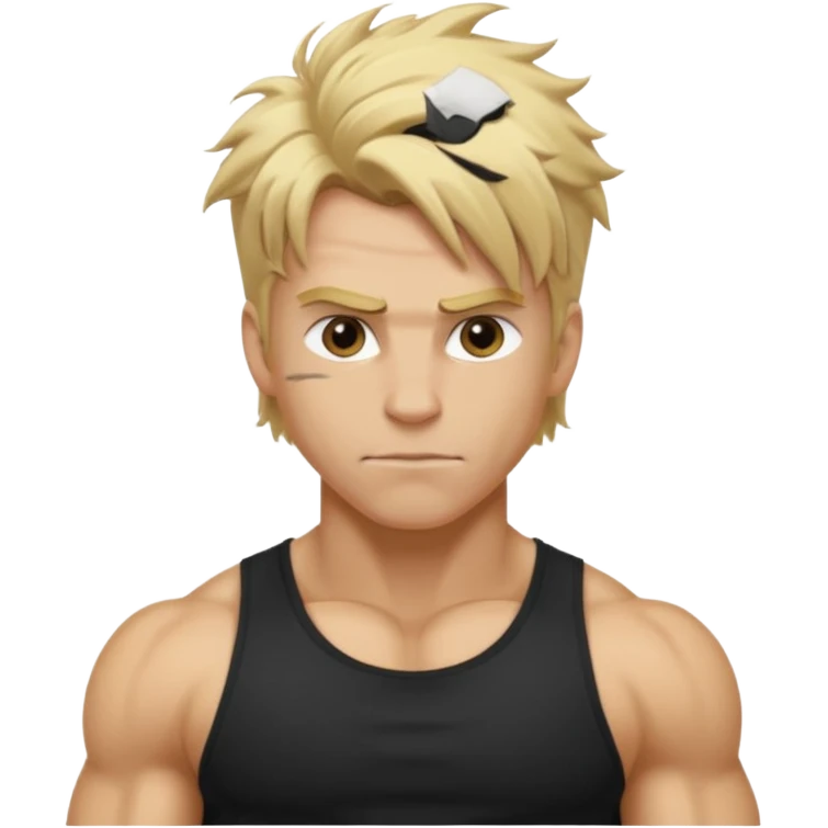 Gym rat with blond hair and black t shirt, and messy hair. And muscular emoji
