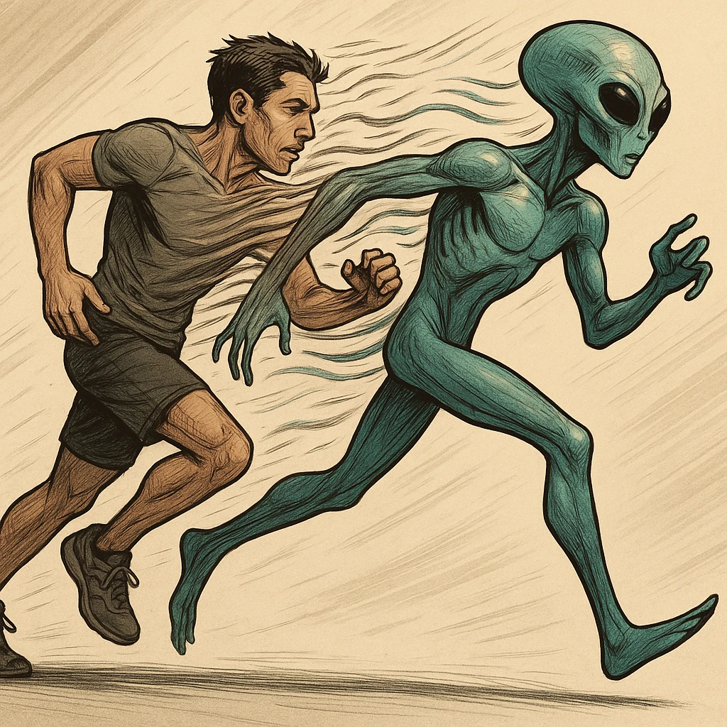 a human transforming into a running alien, dynamic motion, mid-morph, energetic, clear transition from human to alien emoji
