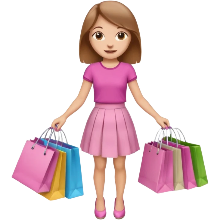 Девушка со светлыми русыми волосами счастливая в розовой юбке с пакетами из магазинов с одеждой в руках и деньгами  emoji