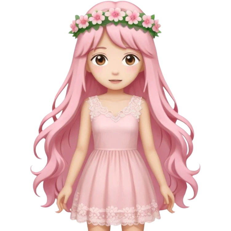 pastel anime woman with pink and white lace dress full body and long hair with flower crown emoji