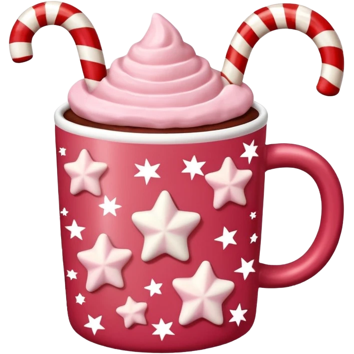 hot chocolate in red and pink pastel christmas mug with stars and candy cane, trendy aesthetic emoji