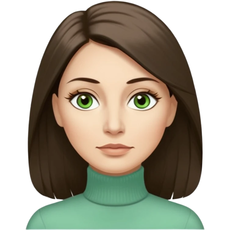 43 year old Adult woman avatar, light skin tone, long, oval face, long straight ashy brown hair, green almond-shaped eyes with dramatic eyelashes and minimal eyeliner, neutral mouth, medium straight eyebrows, average nose, smooth skin,  mint green turtle neck  emoji