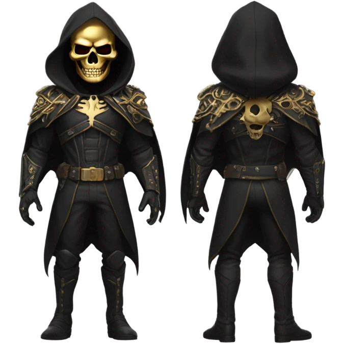 Bounty Hunter Boss with black cape and a perfect gold skull jaw mask from death Stranding, full body view emoji
