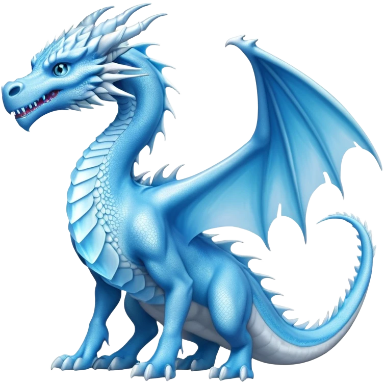 Cinematic Noble wise elegant Ice Dragon full body  Emoji, Poised and imposing, distinct long elegant snout, with a slender, scaled body shimmering in glacial hues of icy blue, frostbitten silver, and crystalline white, breathing out frost, with piercing, glowing ice blue white eyes that radiate the chilling depths of an arctic storm; rendered in detail. excuding wisdom emoji