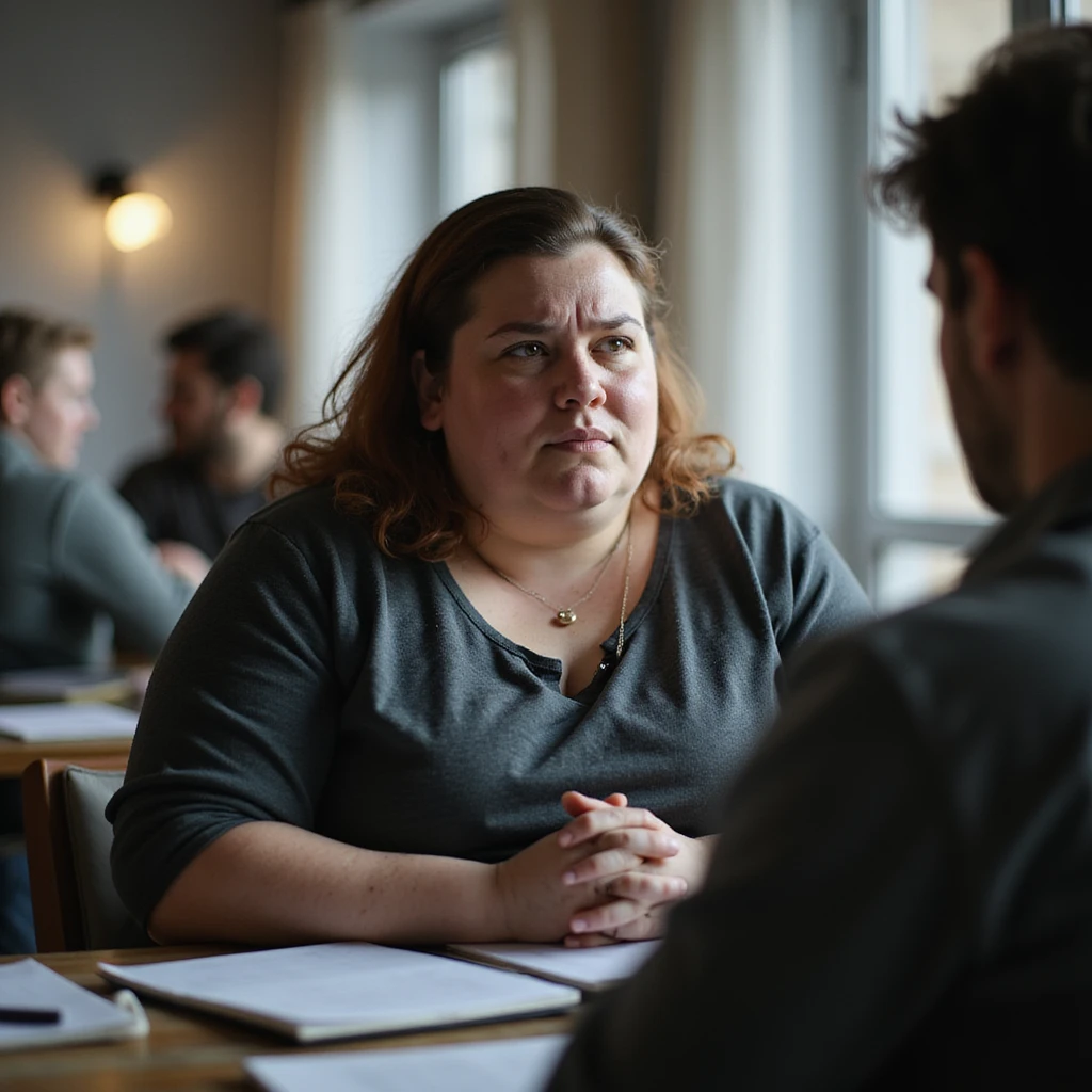 obese woman freezing during a conversation, confused expression, social or work environment, hyperrealistic 4K details, signs of cognitive slowing emoji