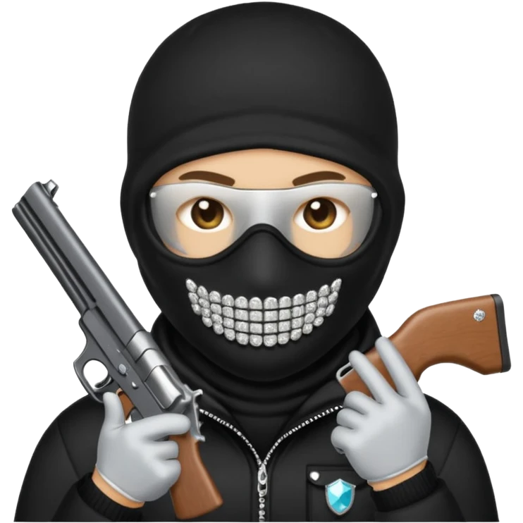 emoji with diamond grillz and black ski mask on with a gun emoji