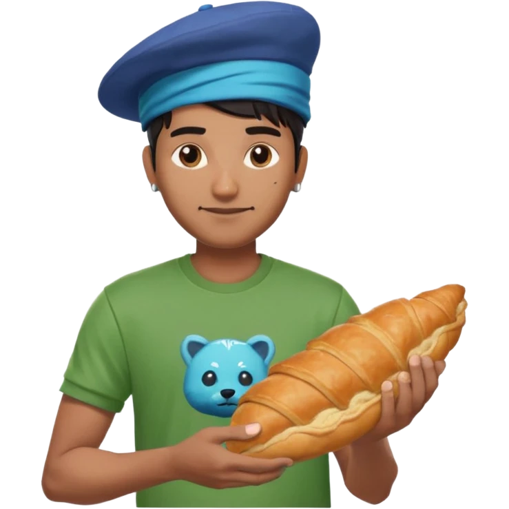 a man with green fortnite tshirt indian he has a cool hat and has a crousant with blou flesh emoji