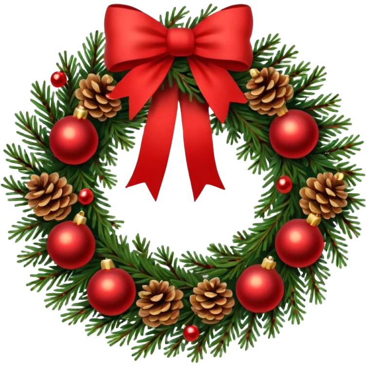 A Christmas wreath made entirely of fir trees, decorated with a single red bow at the bottom, pine cones, and Christmas tree balls. emoji