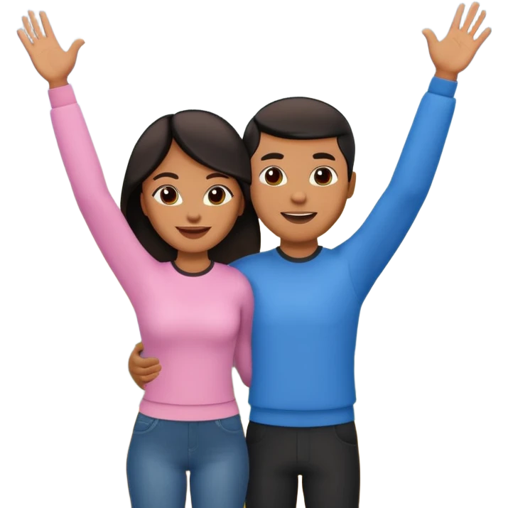 A 3D cartoon couple on top of a hill raising hands in victory, sunny sky and nature background, Memoji-style. inside photo frame. emoji