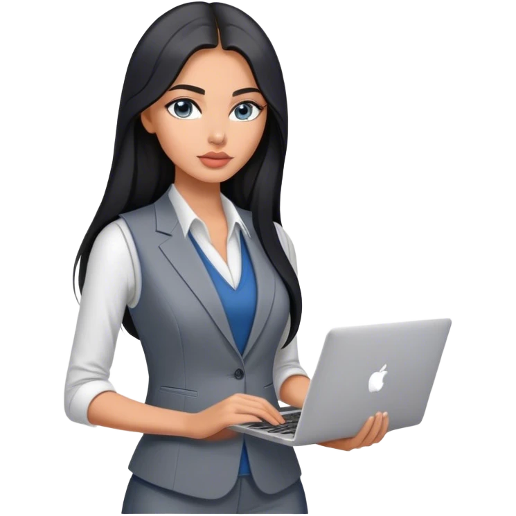 Glamours tanned very beautiful girl with pump peach nude lips and black straight smooth long hair, blue-grey eyes in grey v-neck suit vest only vest with MacBook emoji