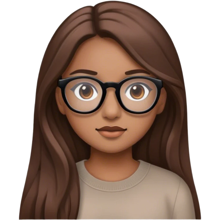 girl with a very light brown skin, long brown hair, brown eyes and black glasses emoji