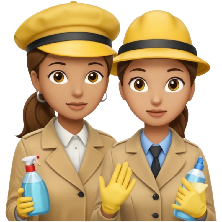 A cleaning Lady with Brown hair, high ponytail and yellow cleaning gloths is Talking to a Detektive with beige had, a beige coap and he is interviewing the cleaning Lady emoji