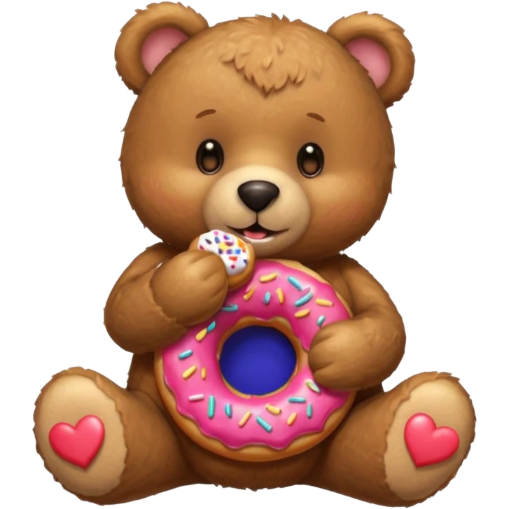 Teddy bear eating donut and with some cute heart around emoji