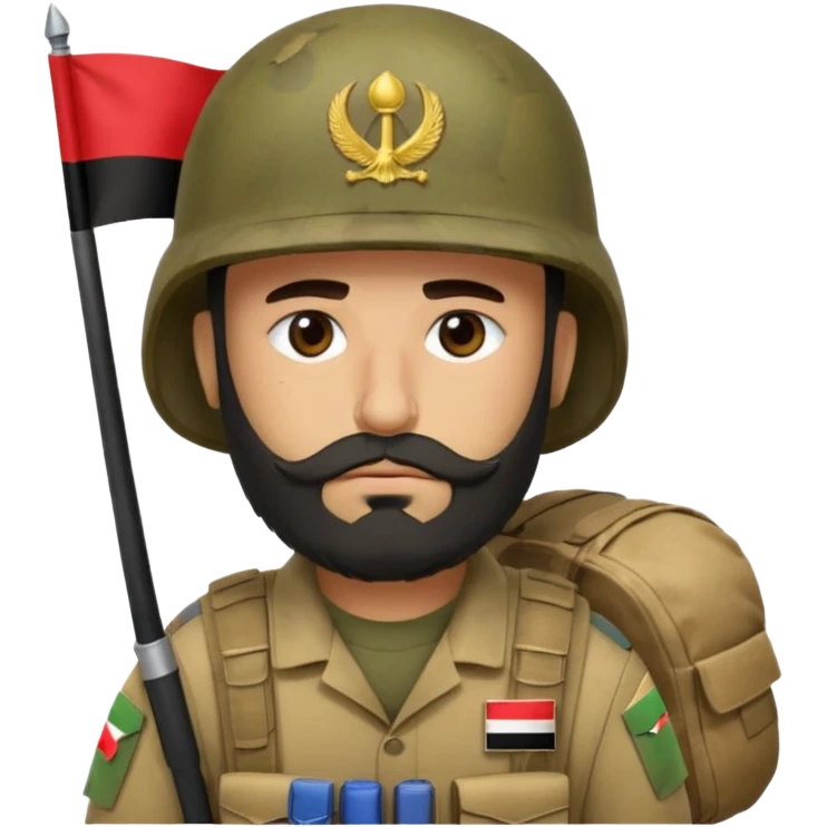 A very tired and sad, swarthy Iraqi soldier with a beard, an Iraqi flag on his helmet, a sad expression and bags under his eyes emoji