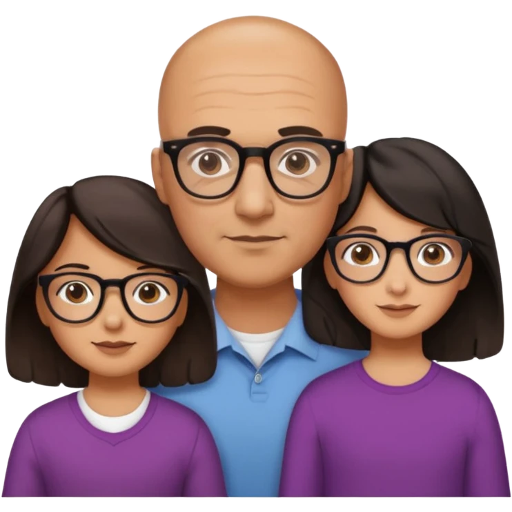 Papà calvo con occhiali, mamma capelli neri occhi marroni no occhiali, figlia capelli marroni mossi e occhiali tartarugati con montatura spessa occhi marroni, figlia capelli lisci marroni occhiali neri con montatura grande e fina occhi marroni  emoji