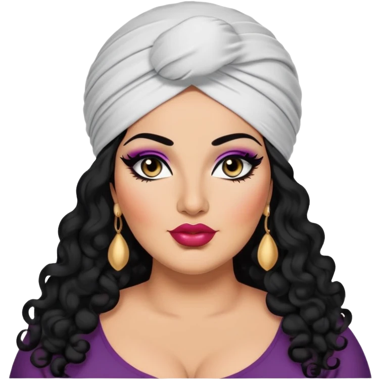 big plus size, arab, long black curly hair, baddie,pretty, makeup, lipgloss, black eyeliner, turban
 emoji