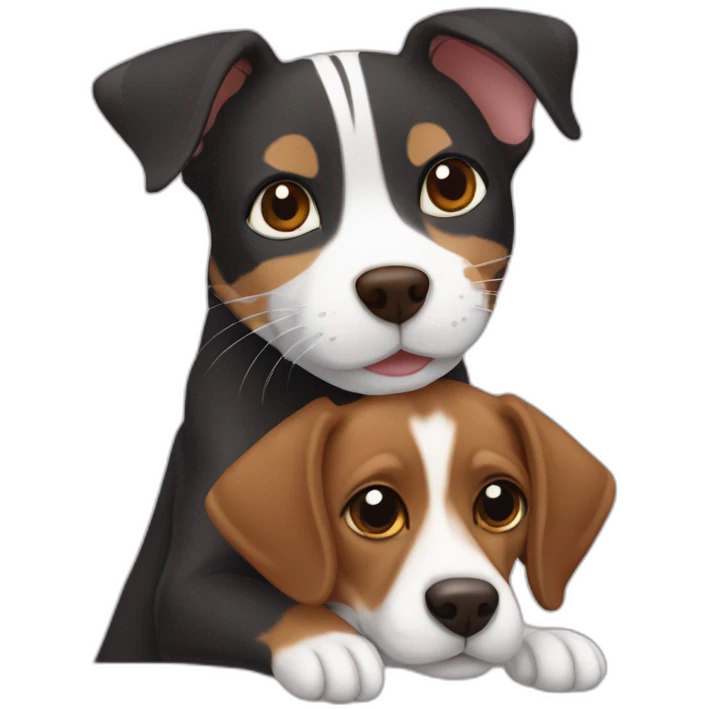 Black mackerel tabby cat hugging brown Jack Russell dog emoji