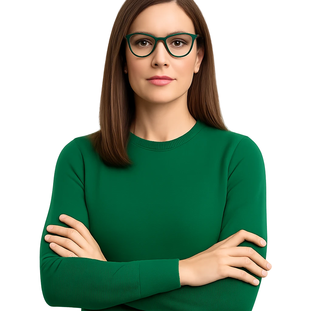 businesswoman CEO wearing an emerald green sweater, medium straight brown hair, emerald green glasses, leadership presence emoji