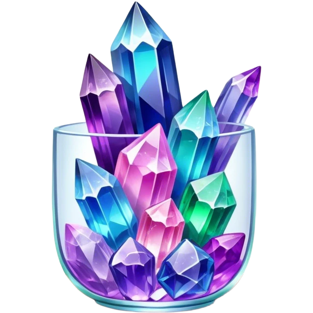 Close-up of vibrant, multicolored crystals growing in a glass container on a wooden table. Crystals in shades of purple, blue, green, pink, and clear are forming in various shapes and sizes. Soft light shines on them. Cozy indoor setting with plants and soft decor in the background. emoji
